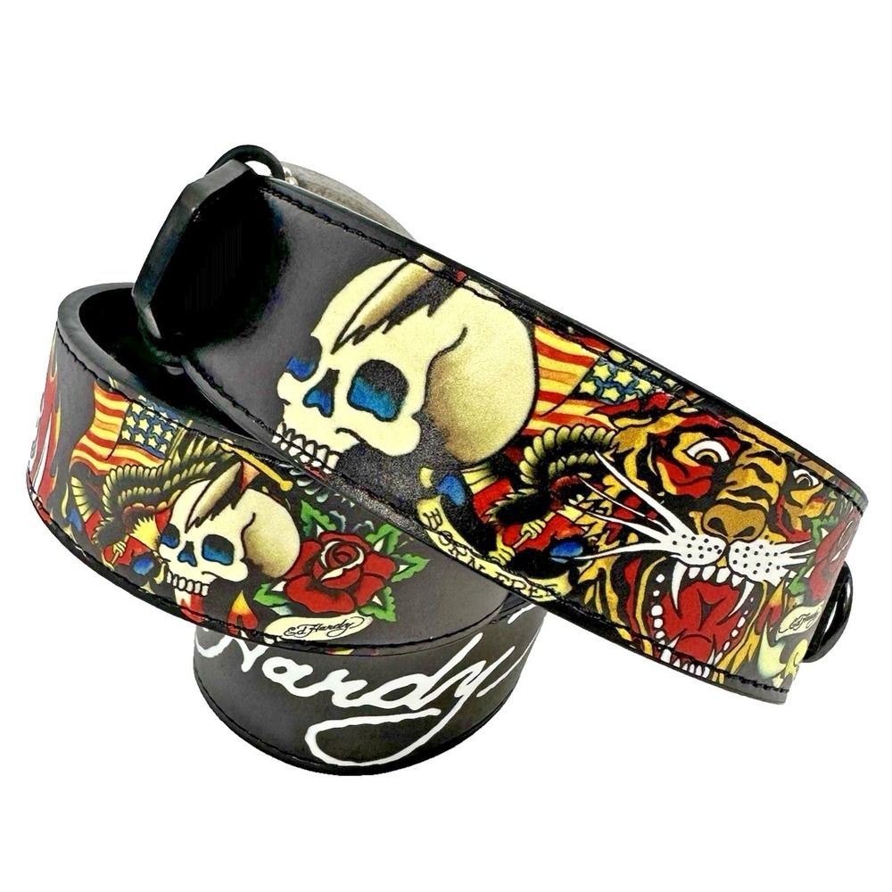Ed Hardy Tattoo Skull Graphic Studded Belt Black Y2K Punk Unisex Size 36
